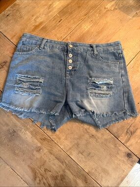 Frayed High-Rise Distressed Denim Shorts - Blue